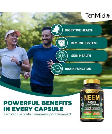 Tenmido Neem Leaf Supplement - 8in1 Formula - Combine with Turmeric Ceylon Cinnamon Ginger Tulsi Ginkgo Biloba Amla and Black Pepper - Immune Health Support - 150 Vegan Capsules - Buy Online on GoSupps.com