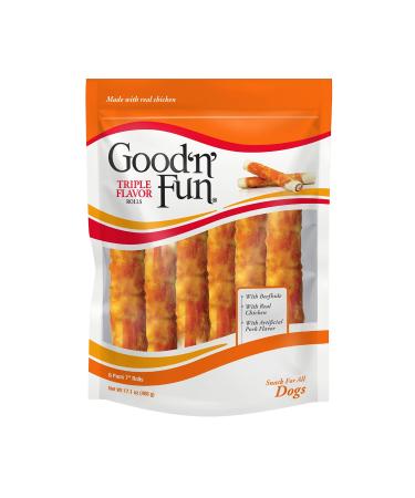 Good'n'Fun Triple Flavor 7 inch Rolls, Chews for Dogs, 6 Count (Pack of 1) 6 Count (Pack of 1) Rolls