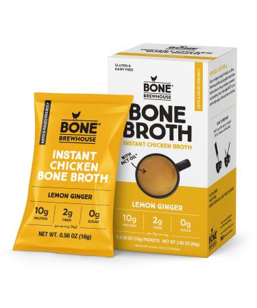 Bone Brewhouse - Chicken Bone Broth Protein Powder - Lemon Ginger Flavor - Keto & Paleo Friendly - Instant Soup Broth - 10g Protein - Natural Collagen, Gluten-Free & Dairy free - 5 Individual Packets 1 Pack