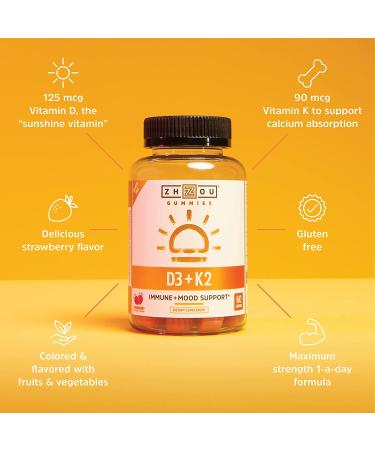 Zhou Nutrition K2 + D3 Strawberry Gummies - 60 Count for Bone & Immune Health - Buy Online on GoSupps.com