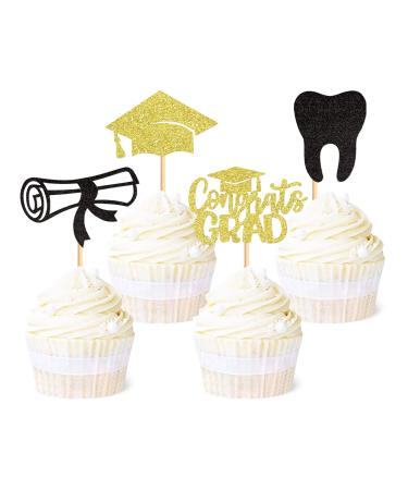 Ercadio 24 Pack Dentist Graduation Cupcake Toppers Black Gold Glitter Congrats Grad Tooth Cupcake Picks 2024 Graduation Diploma Cupcake Toppers for 2024 Graduation Theme Party Cake Decors Supplies A-grad Gold