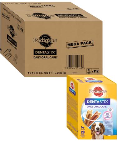 PEDIGREE DENTASTIX for Medium Dogs 10-25kg - 112 Chew Sticks (Pack of 4 Boxes of 28 Treats) - Oral Hygiene, Scientifically Proven, Daily Teeth Cleaning