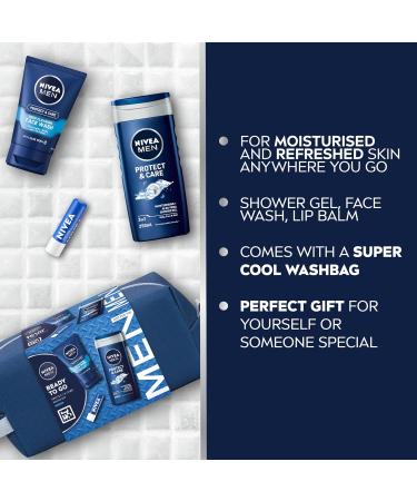 NIVEA MEN Ready to Go Gift Set (4 Products) Men's Grooming Gift Set with Shower Gel Face Wash and Lip Balm Plus Practical Washbag - Buy Online on GoSupps.com