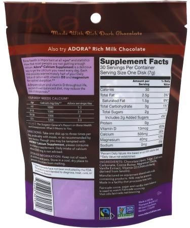 Adora Dark Chocolate Calcium Supplement Disk - 30 Count (500mg) - Buy Online on GoSupps.com