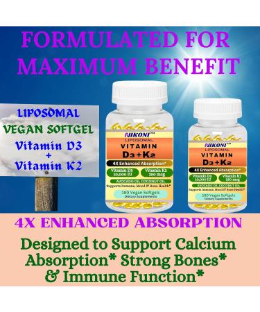 Nikoni Liposomal Vitamin D3 10000 IU, Vitamin K2 (MK-7) 250 mcg, Infused with Coconut & Avacado Oil, Easy to Swallow, Supports Calcium Absorption, Bone Health, 180 Vegan Softgels - Buy Online on GoSupps.com