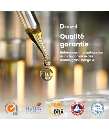  Dreizol DHA Algae - Omega-3 Highly Dosed Micro-Algae - Vegan DHA with Vitamin E - Lemon Mint Flavour - Gluten and Lactose Free - 100ml - Buy Online on GoSupps.com