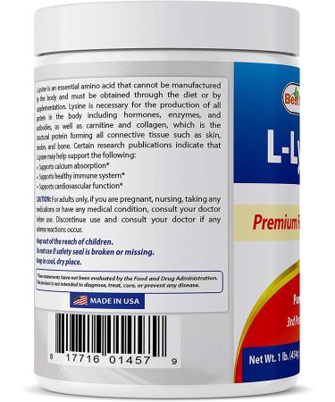 Best Naturals Lysine Powder 1lb - 100% Pure Supplement for Immune Support - Buy Online on GoSupps.com