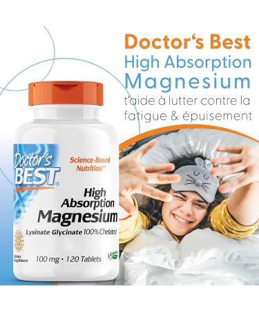 Doctor's Best High Absorption Magnesium 100% Chelated with TRAACS with Glycine and Lysine 120 Vegan Tablets Lab Tested Soy Free Gluten Free Non-GMO - Buy Online on GoSupps.com