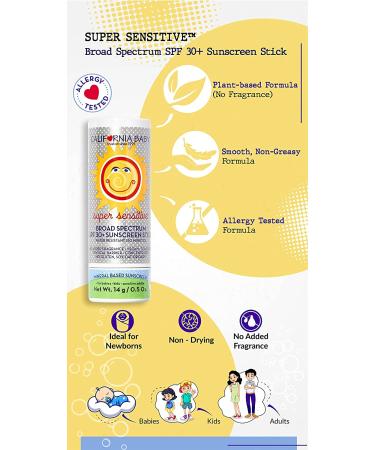 California Baby Super Sensitive SPF 30+ Sunscreen Stick | Fragrance-Free | Allergy-Friendly | Benzene-Free | 0.5 oz | For Dry & Sensitive Skin - Buy Online on GoSupps.com