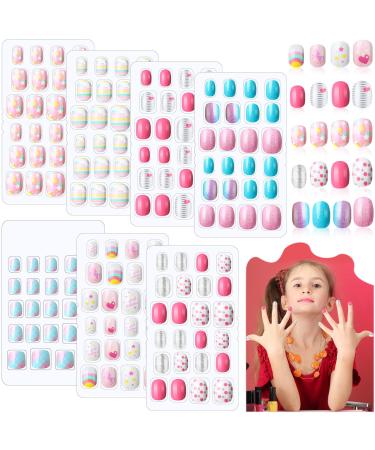 168 Pieces Girls Press on Nails 7 Days Fake Nails Artificial Nails Children Full Cover Short False Fingernails for Girls Kids Gift Nail Design Decoration 7 Boxes (Pink and Blue) Rainbow and Gradient
