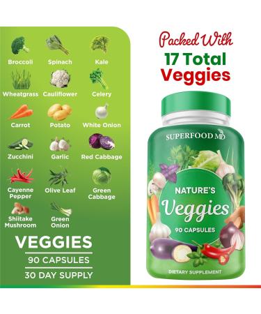 Superfood MD Veggies Supplement - 90 Veggie Capsules for Energy Beta Carotene Vitamins & Minerals - Made in the USA - Buy Online on GoSupps.com
