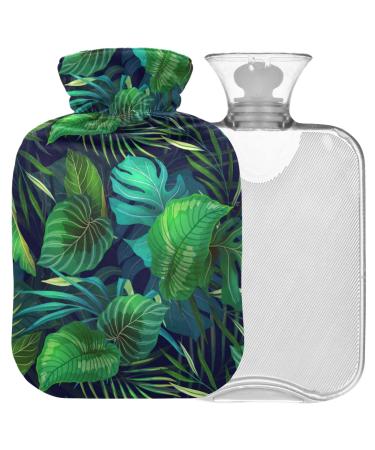 Naanle hot water bottle with lid palm leaves Tropical leaf Transparent hot water bottle heat bottle for back pain relief handfoot warmer neck warmth and cold therapy 2l