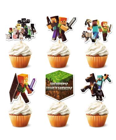 24 Pcs MC Birthday Cake Toppers and Cupcake Toppers - Pixel Style Miner Party Decorations Supplies
