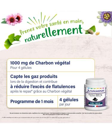 JUVAMINE - Vegetable Charcoal 1000 Mg - Digestion - Bloating - Flatulence - Gas - Helps reduce excess flatulence after a meal - 1 month program - 120 Capsules - Made in France - Buy Online on GoSupps.com