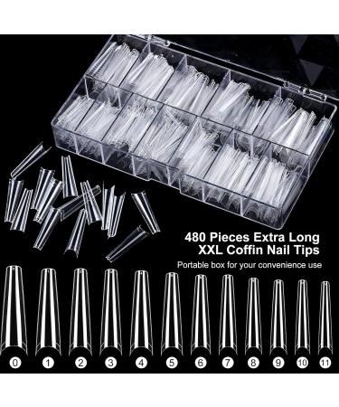 480pcs XXL Clear Acrylic Coffin Nail Tips - 12 Sizes Half Cover Ballerina Nails for DIY & Nail Studios - Buy Online on GoSupps.com