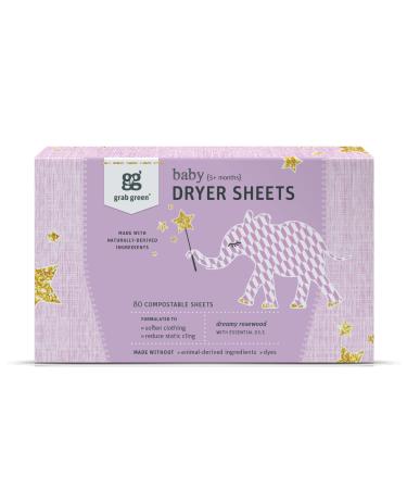 Grab Green Baby Dryer Sheets 80 Sheets Dreamy Rosewood Scent Plant and Mineral Based Compostable Softens Clothing and Linens Reduces Static Cling