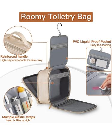 Elviros Travel Toiletry Bag for Women & Men - Large Hanging Leather Makeup Organizer - Water-Resistant Cosmetic Case - Beige (Medium) - Buy Online on GoSupps.com