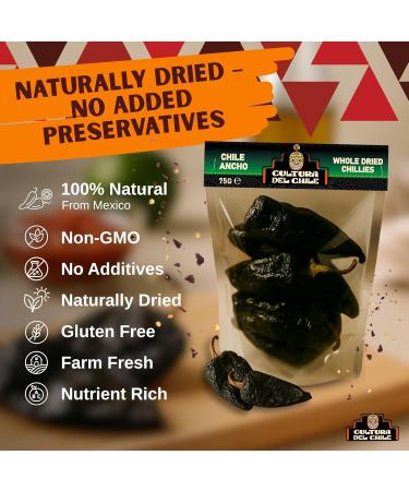  Cultura Del Chile Ancho Whole Dried Chillies 75g - All Natural Mild Heat with Smoky Fruity Flavour for Authentic Mexican Taste. Great for Bir - Buy Online on GoSupps.com