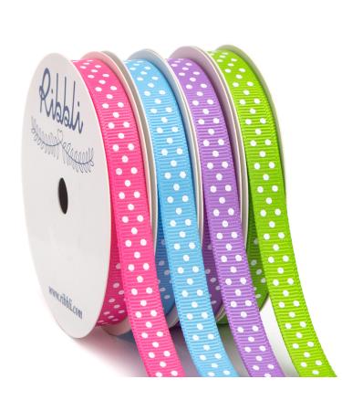 Ribbli 4 Rolls 3/8-Inch Easter Grosgrain Polka Dot Ribbon Total 40 Yards (Hot Pink/Blue Mist/Hyacinth/Apple Green) Easter Ribbon Spring Ribbon Use for Gift Wrapping Ribbon Crafts 02 Set-4Rolls 3/8- 10Yd per roll