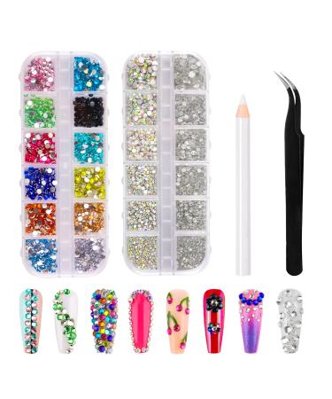 BISHENGYF 4700 Pcs Nail Art Gems Set 1.5 4mm Nail Art Rhinestones & 3mm Colourful Nail Art Crystal Round Flatback Rhinestones with 2 Pickers for Crystal Nail Art and Craft Work (C)