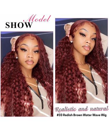 Reddish Brown 22 Inch HD Lace Front Water Wave Wigs for Black Women - Brazilian Virgin Human Hair, 180 Density, Pre Plucked with Baby Hair - Buy Online on GoSupps.com