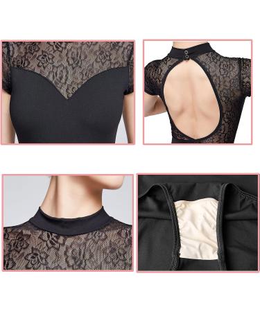 UTOWO Women's Black Lace Short-Sleeve Ballet Leotard with Swan Collar - Small - Buy Online on GoSupps.com