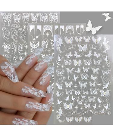 White Butterfly Nail Art Stickers Decals  3D Self-Adhesive Nail Decals Butterfly Designs Nails Supplies Butterfly Stickers for DIY Colorful Butterflies Nails Manicure Decor