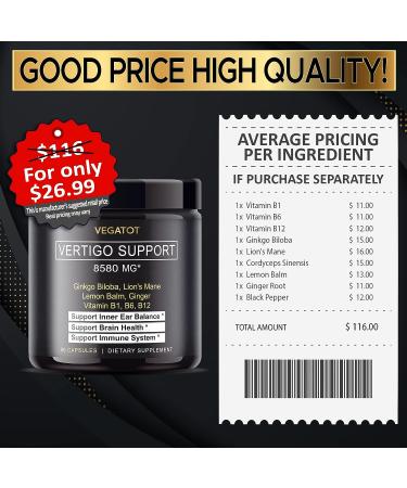 VEGATOT Vertigo Supplement 500mg *Made in USA* with Ginkgo Biloba & Lion's Mane - Inner Ear Balance Support for Dizziness - 90 Count - Buy Online on GoSupps.com