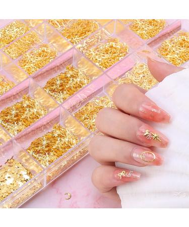 28 Grids Gold Metal Nail Studs, 3D Mix Geometry Nail Art Glitter Flakes Decorations Set, Multiple Shapes Rivet Jewelry Accessories for Women Girls Manicure Acrylic Nails Supplies DIY Crafts Sequins
