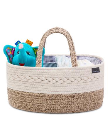 Baby Diaper Caddy Organizer, Portable Nursery Storage Basket with Changeable Compartments, 100% Cotton Woven Rope Baskets, Car & Changing Table Tote, Newborn Gift