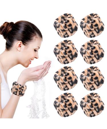 Upgrade 8pcs Spa Wristband Soft Towel Sweatband Coral Velvet Leopard Print Face Washing Makeup Wrist Band Sleeve Absorbent Elastic Wristbands for Professional Athletes/Women/Girls leopard-2