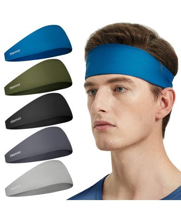 Pilamor Mens SweatBands(5pack) Headbands for Men and Women Mens Headband for Running Football Yoga Basketball Thin and Absorbent Headbands Black Blue Green Gray Darkgray
