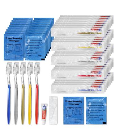 Bulk Hygiene Kits for Homeless Disposable Toothbrushes with Toothpaste 5 gram and Floss Individually Wrapped Travel Size Liquid Laundry Detergent 0.34floz 5 Colors Bulk Toothbrush (50)