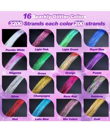 16 Colors Hair Tinsel Kit - 3200 Strands, 47 Inches, Heat Resistant Fairy Hair Extensions for Party - Christmas, Halloween - Includes Tool - Buy Online on GoSupps.com