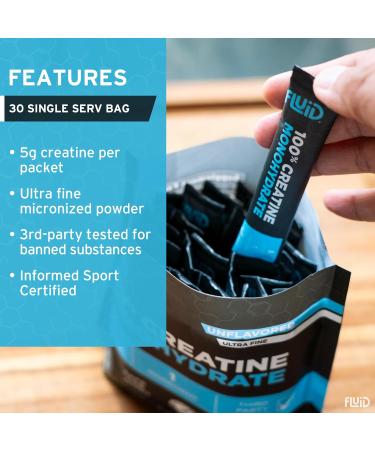 Fluid Creatine - Informed Sport Certified | Ultra-Fine Micronized 100% Creatine Monohydrate Powder | Unflavored | 5g Travel Stick Packs | 30 Servings 30 Single Serving Packets - Buy Online on GoSupps.com