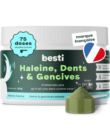 BESTI - Breath, Teeth & Gums | Dental Powder for Dogs | Anti-Tartar, Bad Breath | Pre Post Natural Probiotics | French Brand - Veterinary Formula | Eucalyptus | 75 Doses | 150g