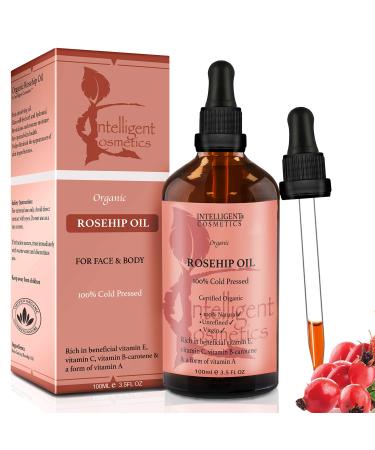 Rosehip Oil 100% Cold Pressed Pure Certified Organic Oil 100ml Best Known Facial Oil with Vitamin E Vitamin C B-carotene and a Form of Vitamin A