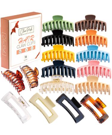 Clawposh 16pcs Large Hair Claw Clip Set in Trendy Colors for Women Thick/Thin Long Hair- 12 Strong Claws 4.3in & 4 Square Clips 4.1in- Hard to Break Jaws for Non Slip Hold & Easy Hairstyling