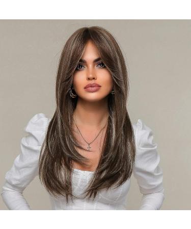 EMMOR Brown Long Layered Wig with Curtain Bangs - Heat Resistant Synthetic Fibre (Brown with Grey Highlight) - Buy Online on GoSupps.com