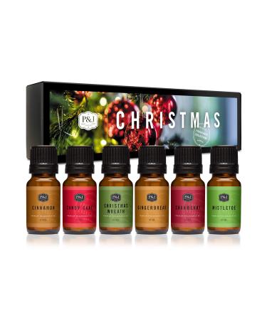 Christmas Set of 6 Premium Grade Fragrance Oils - Christmas Wreath, Mistletoe, Candy Cane, Gingerbread, Cinnamon, and Cranberry - 10ml
