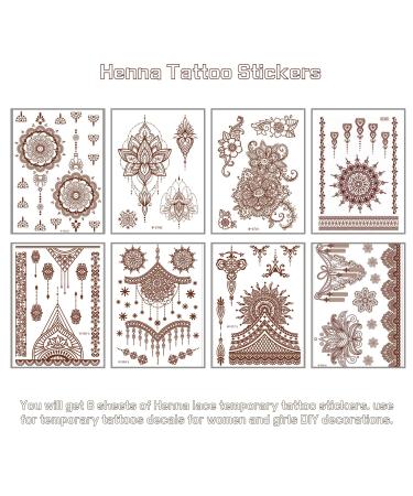 Brown Temporary Tattoo Stickers - 8 Sheets Henna Lace Mandala Design - Waterproof Fake Tattoos for Women - Body Art Party Decor - Buy Online on GoSupps.com