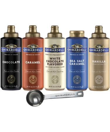 Ghirardelli - 16 Ounce Black Label, 16 Ounce Vanilla, 16 Ounce White, 17 Ounce Caramel, 17 Ounce Sea Salt Caramel Flavored Sauce (Set of 5) with Ghirardelli Stamped Barista Spoon