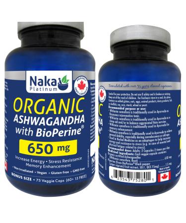 Naka Platinum Organic Ashwagandha with BioPerine 650mg Increase Energy Stress Resistance Memory Enhancement Made in Canada (75 vcaps) 75 count (Pack of 1)