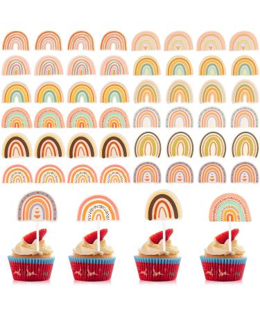 48 Pieces Boho Rainbow Cake Topper Boho Cupcake Topper Bohemian Theme Rainbow Cupcake Toppers for Girls Baby Shower Birthday Boho Rainbow Party Decoration Supplies