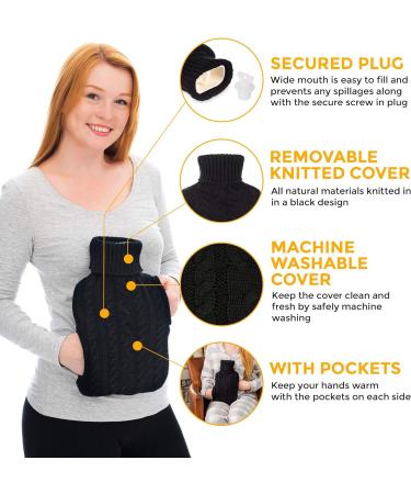 FiNeWaY 2L Hot Water Bottle Body Warmer with Pocket for Pain Relief | Knitted Black | Back, Neck, Shoulder, Leg Arthritis Relief - Buy Online on GoSupps.com