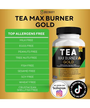 GREENVIFY Tea Max Burn Burner Gold Green Tea Extract & Green Coffee Bean for Metabolism Support Natural Energy Boost Antioxidant-Rich Supplement 180 Capsules (3 Pack) - Buy Online on GoSupps.com