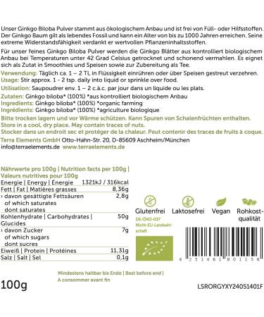 Terra Elements Ginkgo biloba organic powder 100g I 100% pure I vegan I raw quality - Buy Online on GoSupps.com