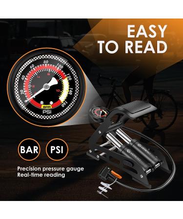 VERENO Bike Floor Pump with 160PSI Gauge | Portable Bicycle Inflator for Presta, Schrader, and Deutschland Valve | Double Cylinder Air Pump for Bike, Ball, Car, and Toys - Black - Buy Online on GoSupps.com