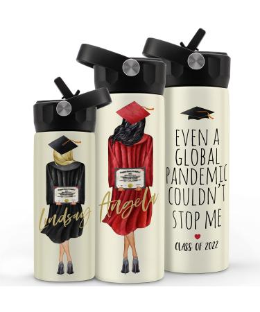 Graduation Gifts for Her, Personalized Water Bottle for Women - 14 or 20 Oz - Custom Hair Styles, Hood & Skin Color - Custom Graduation Gift w/ Name & Text, High School, College, Class of 2022 Gifts GRADUATION WATER BOTTLE