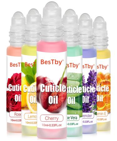 BesTby Cuticle Oil - Cuticle Oil for Nails Repaired Dryness Damaged Nails and Cuticle, Nail Oil Cuticle Moisturizes and Strengthener Nail Care, 6pcs/10ml Rollerball